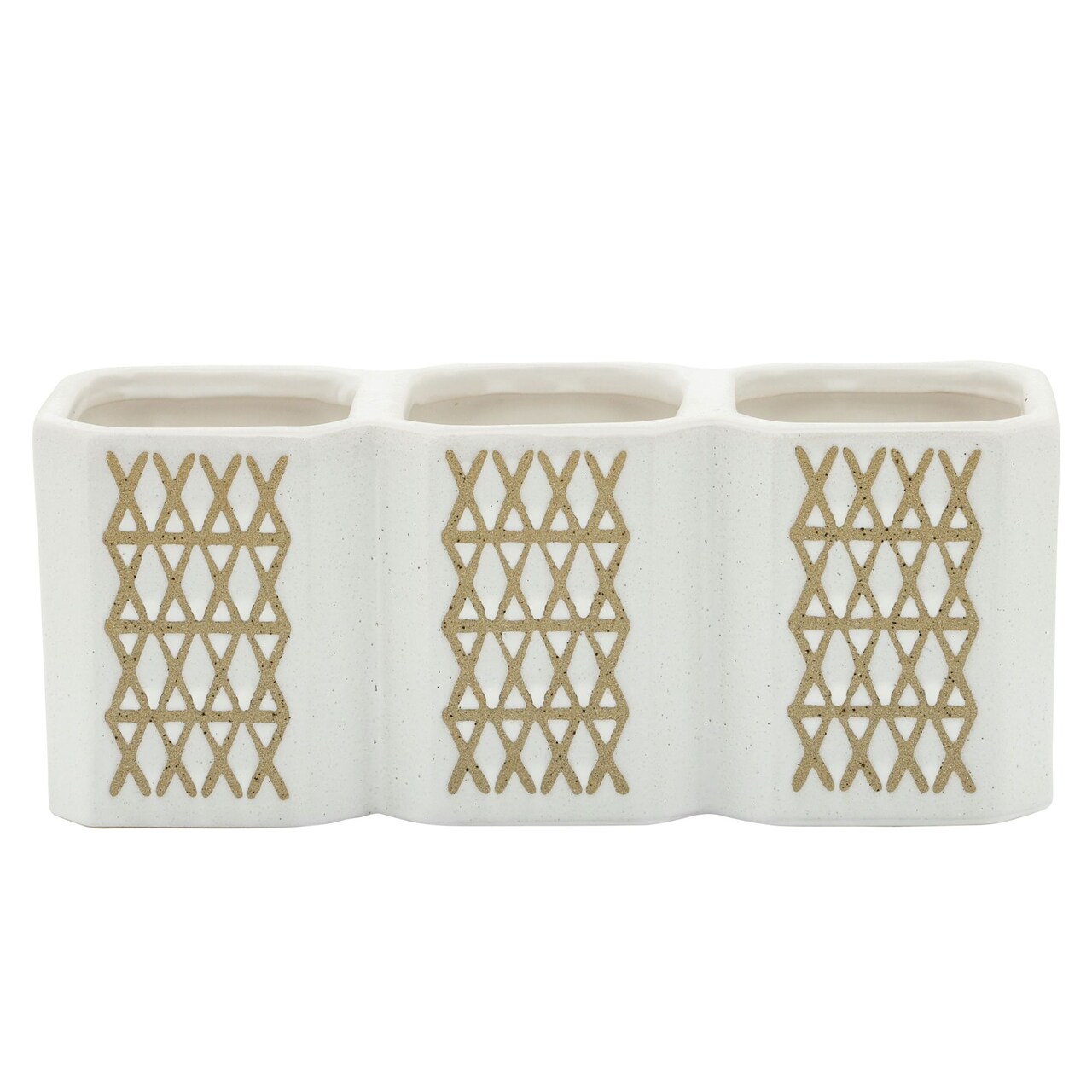 Kingston Living 10" Ivory and Beige Geometric Triple Cup Pen Holder